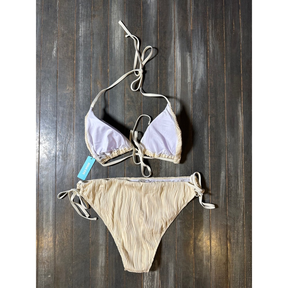 Aqua Eve Cream Ribbed Bikini Set Two Piece Swimsuit Halter Triangle Top - Picture 2 of 2